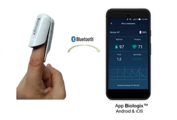 Dispositivo Biologix conectado a um smartphone para monitoramento do sono
